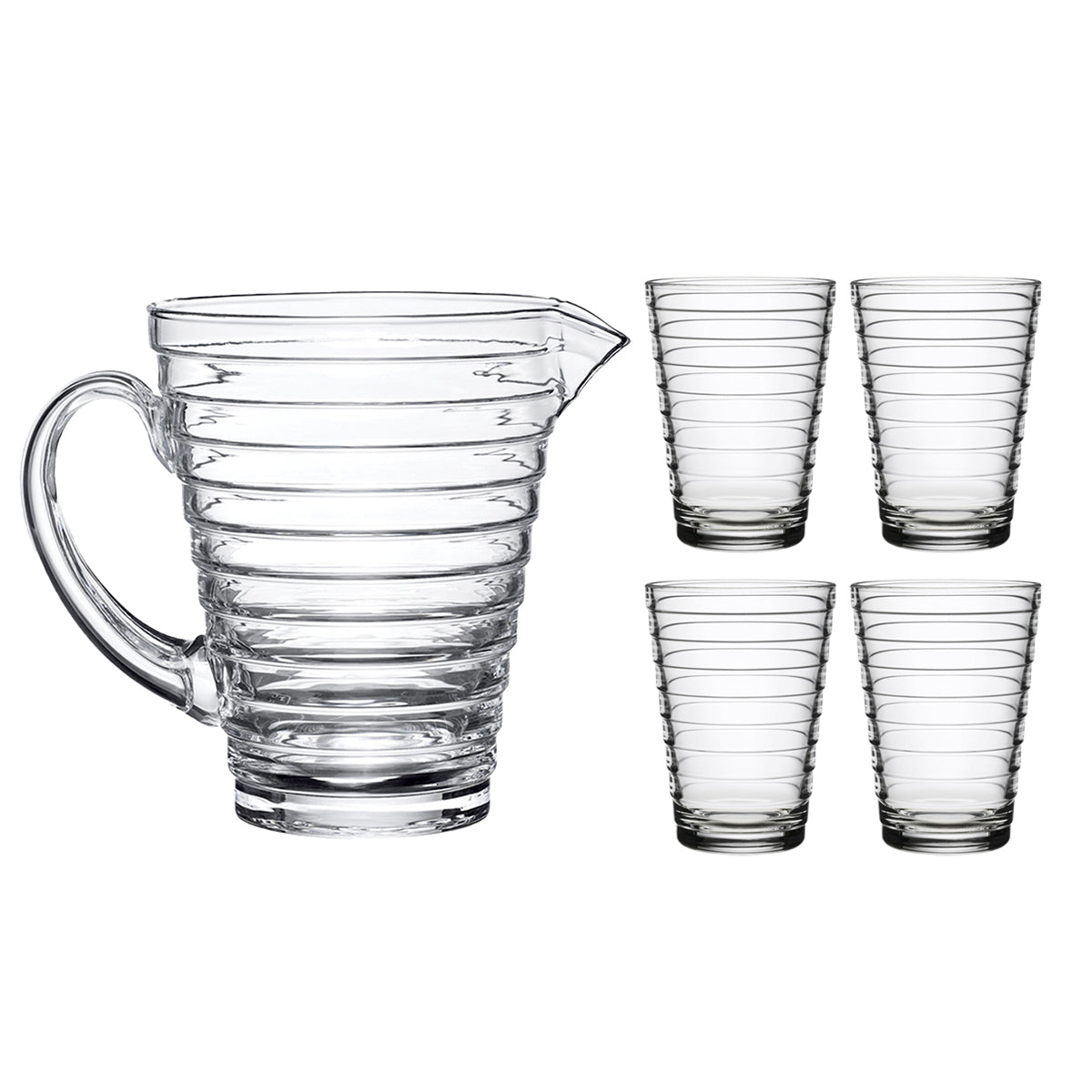 Ensemble carafe en verre et gobelets transparents