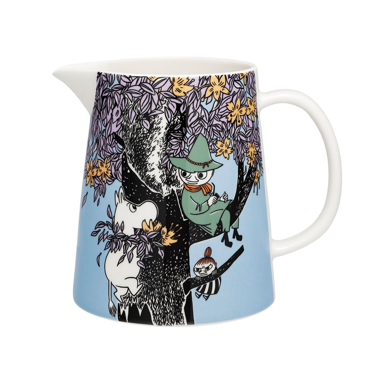 Pichet en porcelaine bleu à motif floral, avec anse et dessin d’arbre illustré