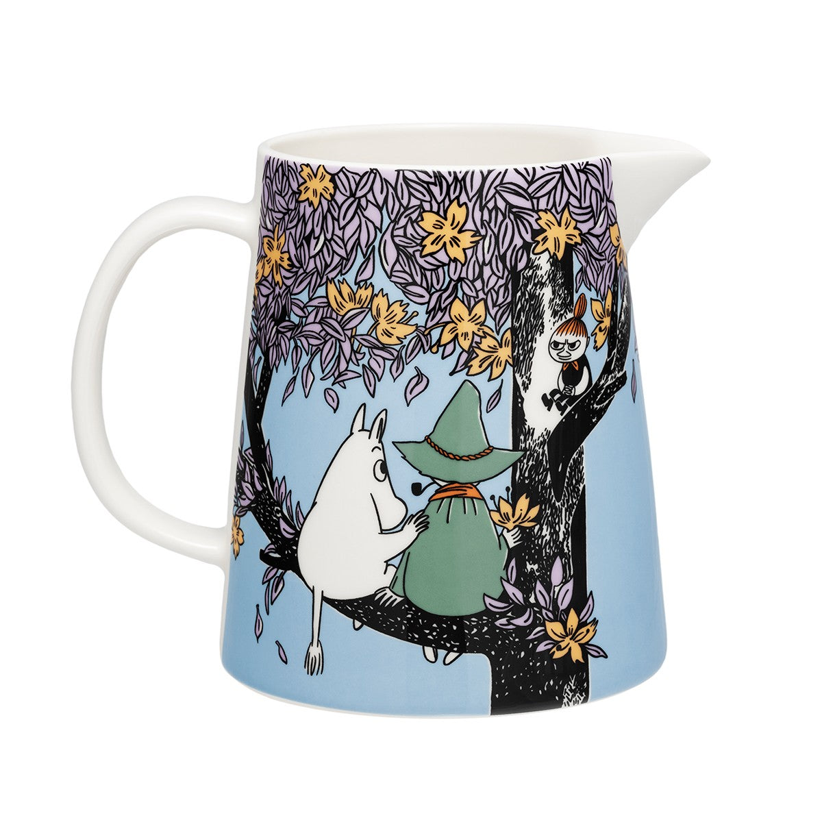 Pichet en porcelaine bleu à motif floral, avec anse et dessin d’arbre illustré